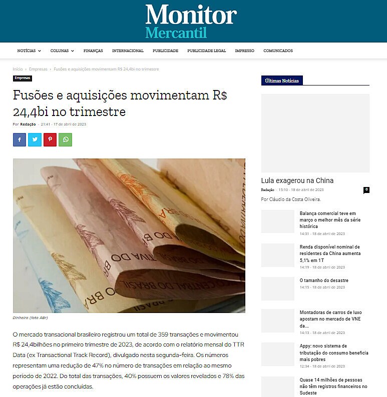 Fuses e aquisies movimentam R$ 24,4bi no trimestre